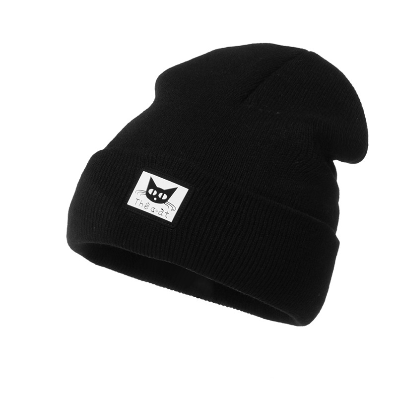 Black Cat Head Decal Skiing Warmth Autumn Winter Knitted Wool Hat
