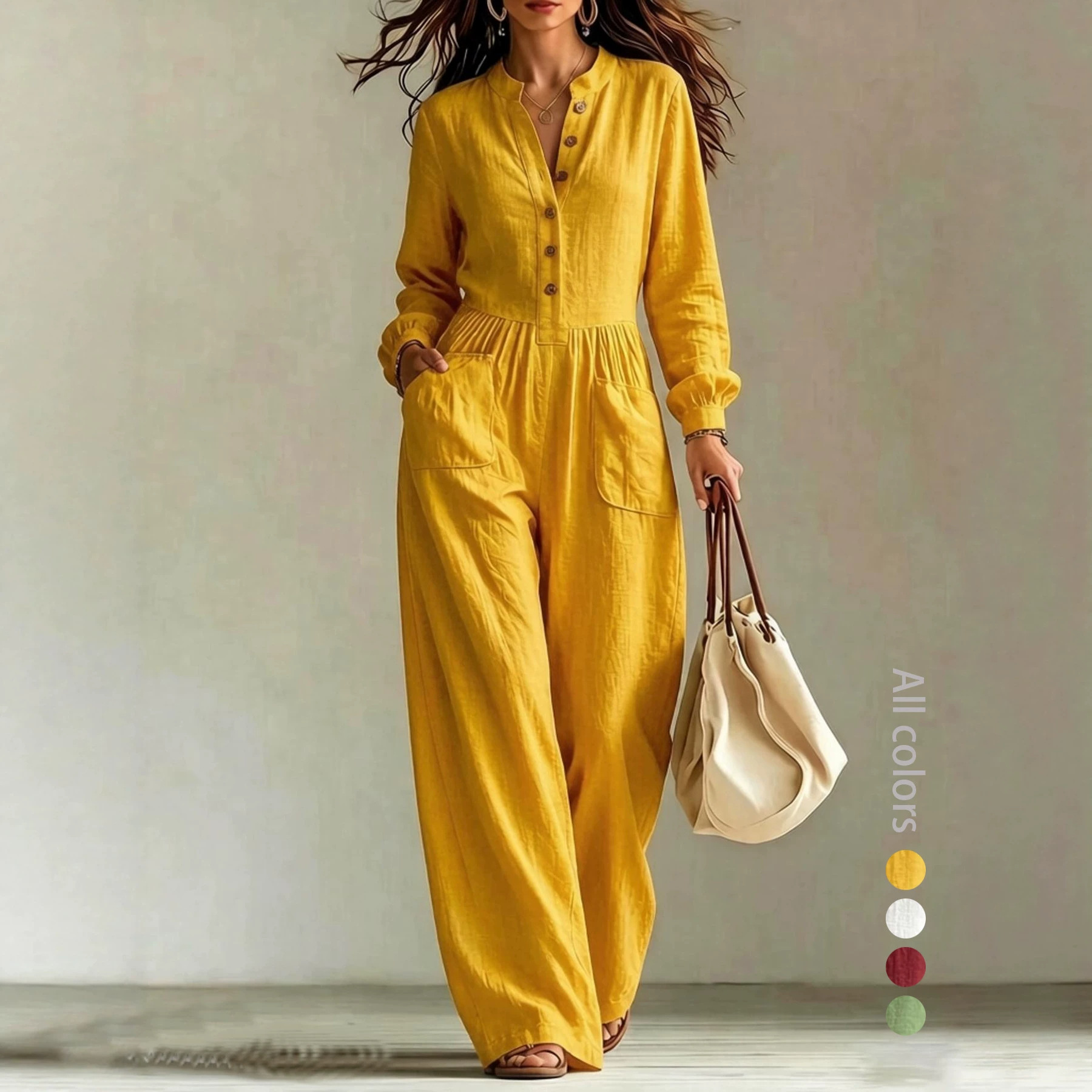 Jumpsuit With Buttons Waist-cinching Design And Pockets