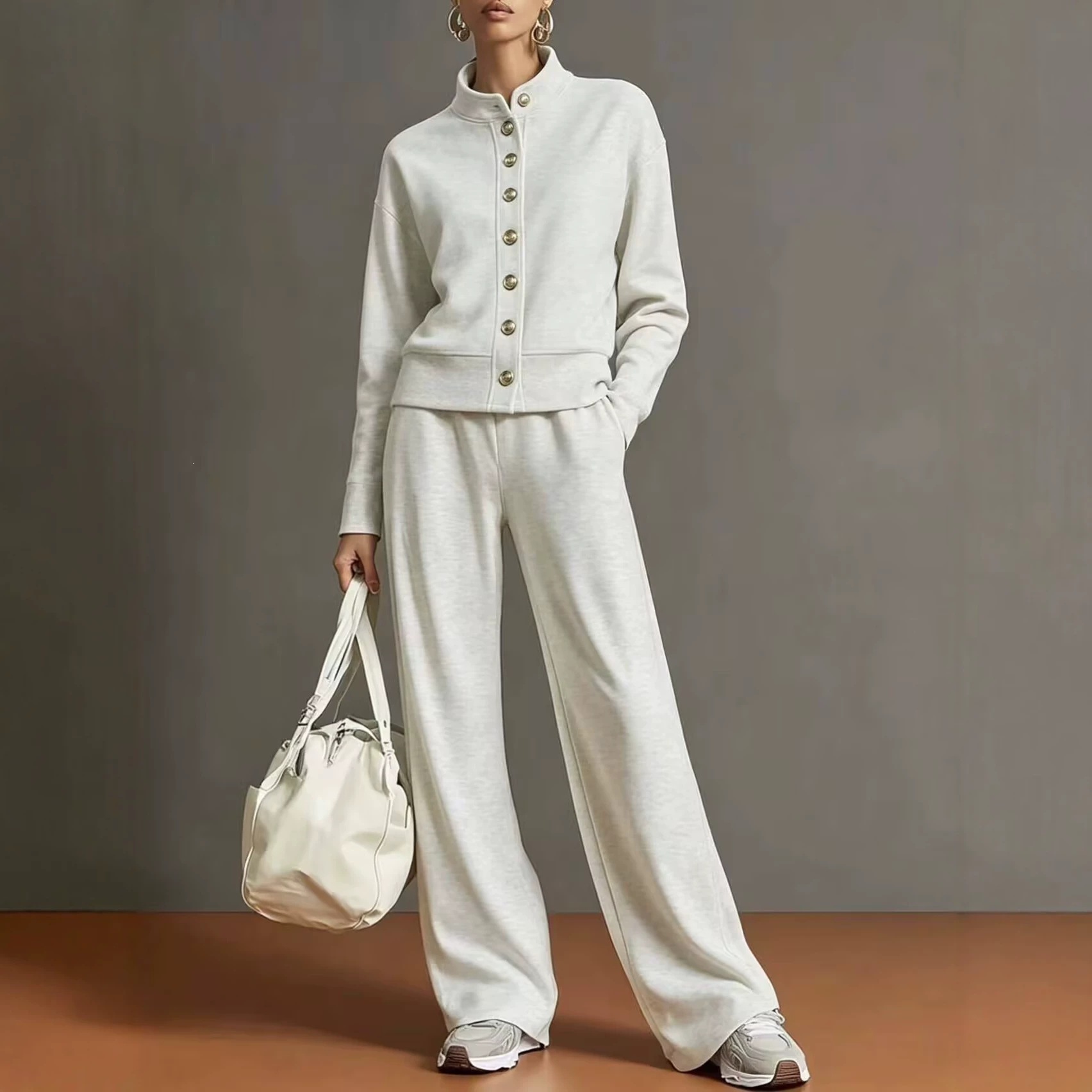 Stand-collar Cardigan And Wide-leg Pants Set