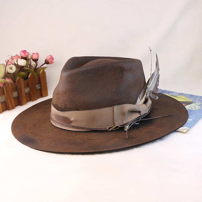 Wool Wide-brimmed Denim Distressed Vintage Jazz Top Hat