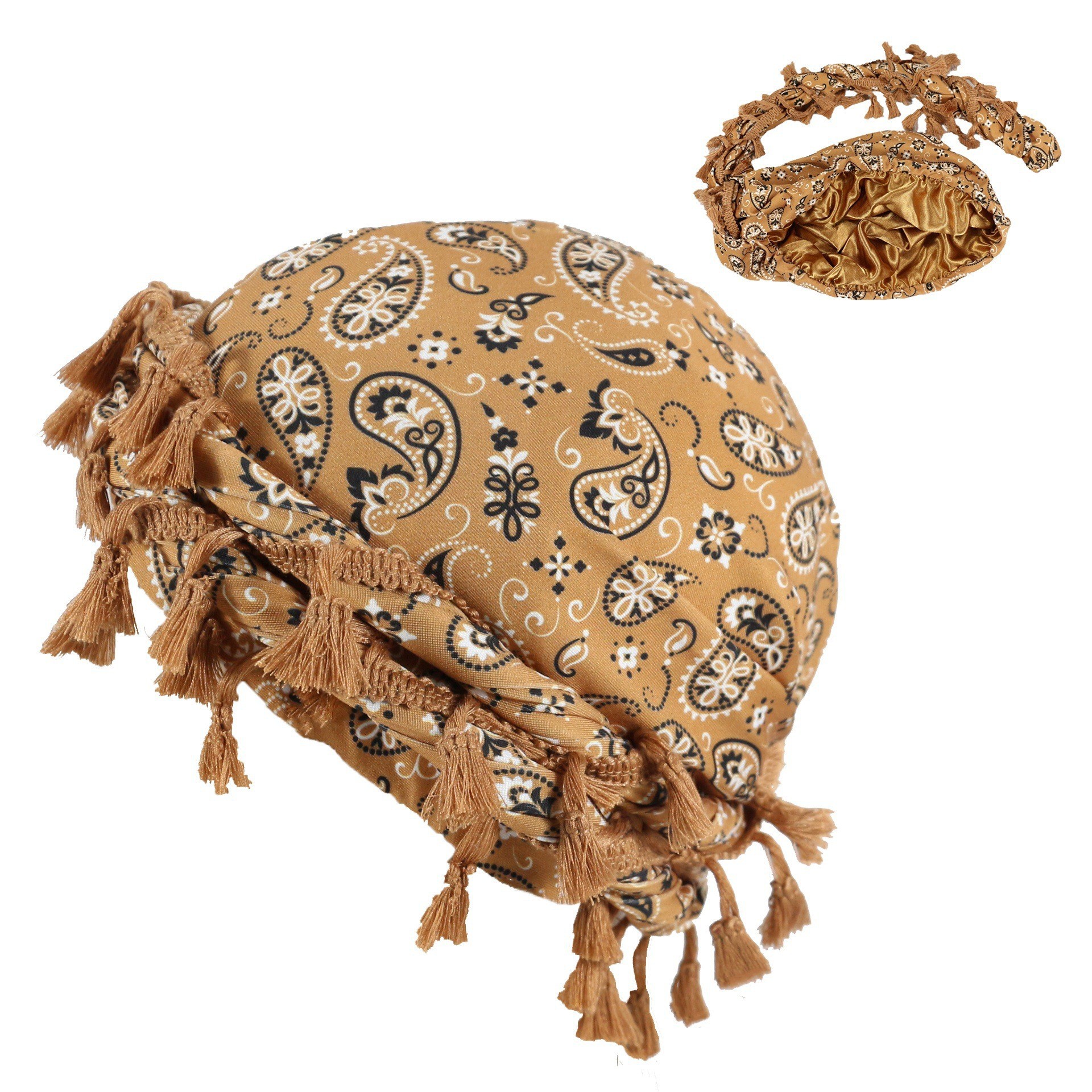 Outdoor Sports Paisley Turban Hat Cashew Flower Print Turban Hip-hop Tassel Twist Tail Hat