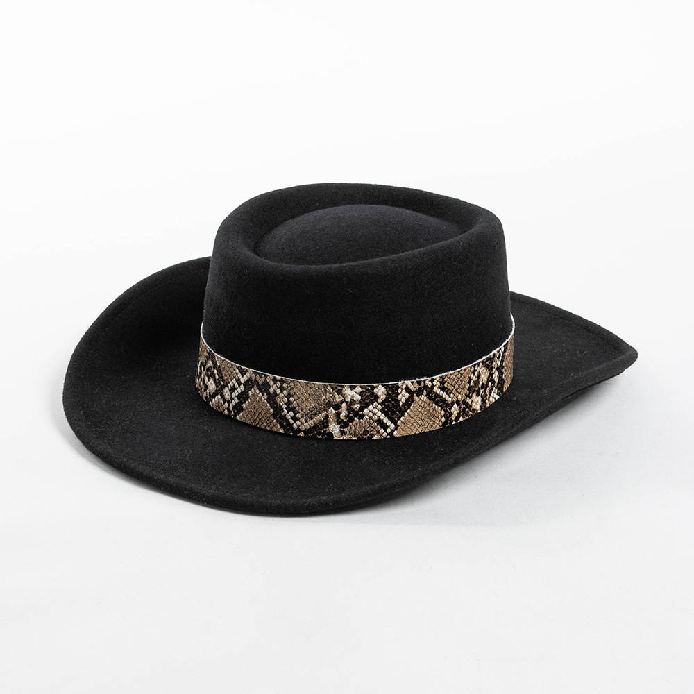 Wool Top With Snake-pattern Trim Felt Hat Pork Pie Cap Wide-brimmed Winter Hat
