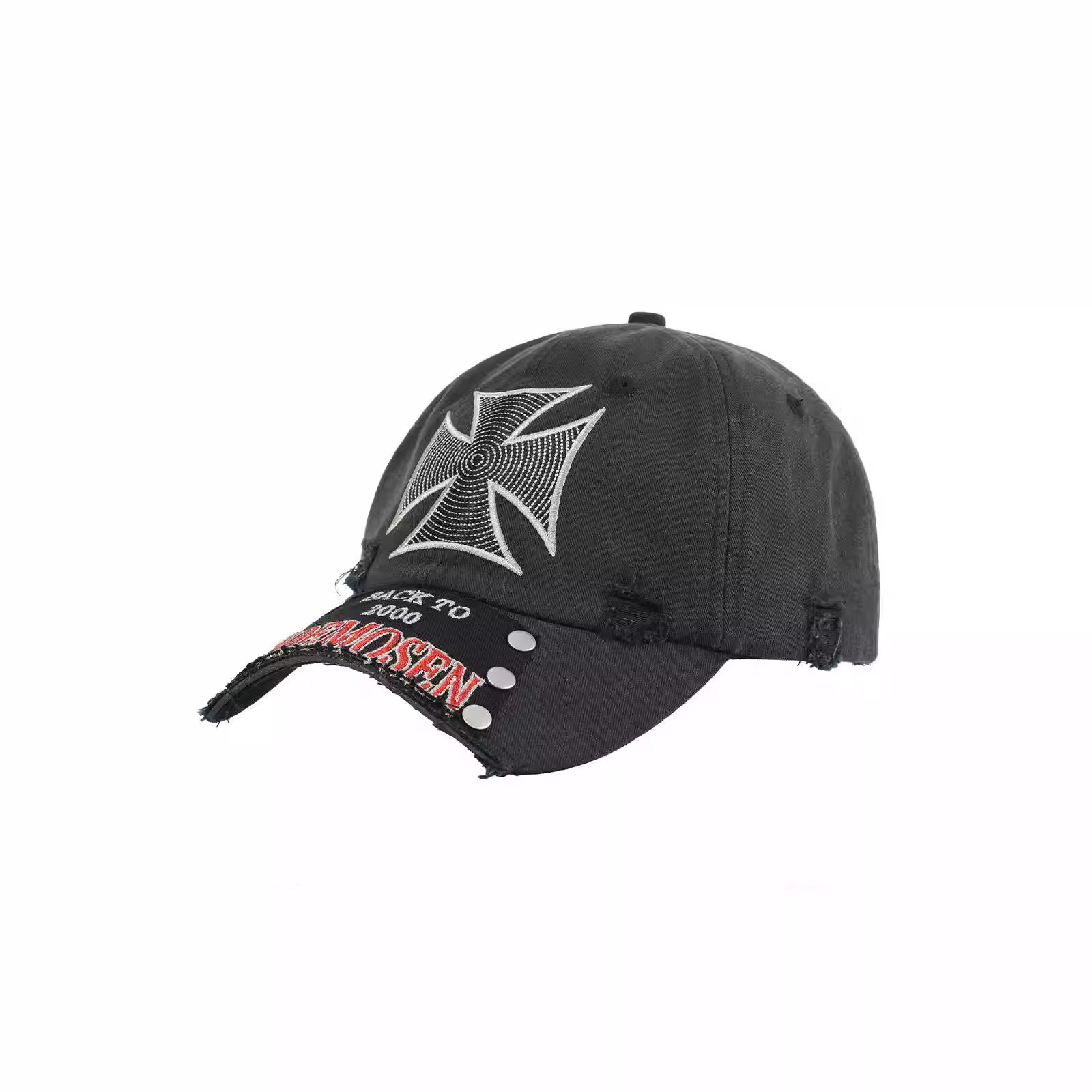 American-style Street-style Perforated Letter Patch Rivet Baseball Cap With Washed-out…