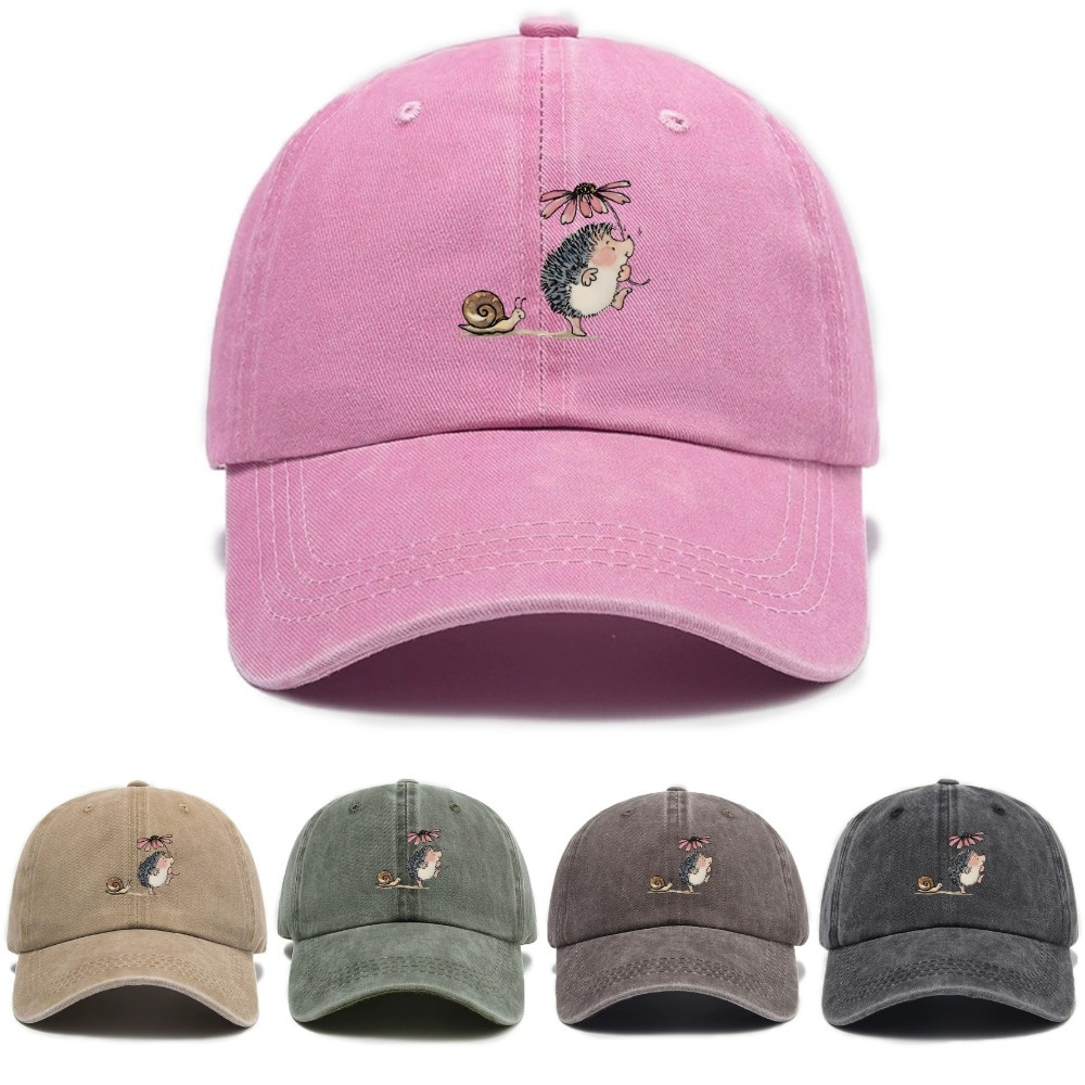 Simple Cartoon Hedgehog And Snail Print Washed Out Vintage Baseball Cap