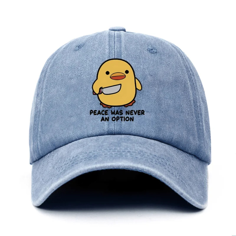 Playful Yellow Duck Print Washed And Distressed Baseball Cap With A Fun Peaked Brim