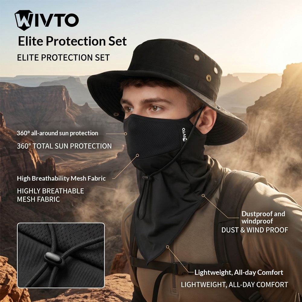 Mens Sun-Protective Ice-Silk Face Mask Sports Round-Brim Hat