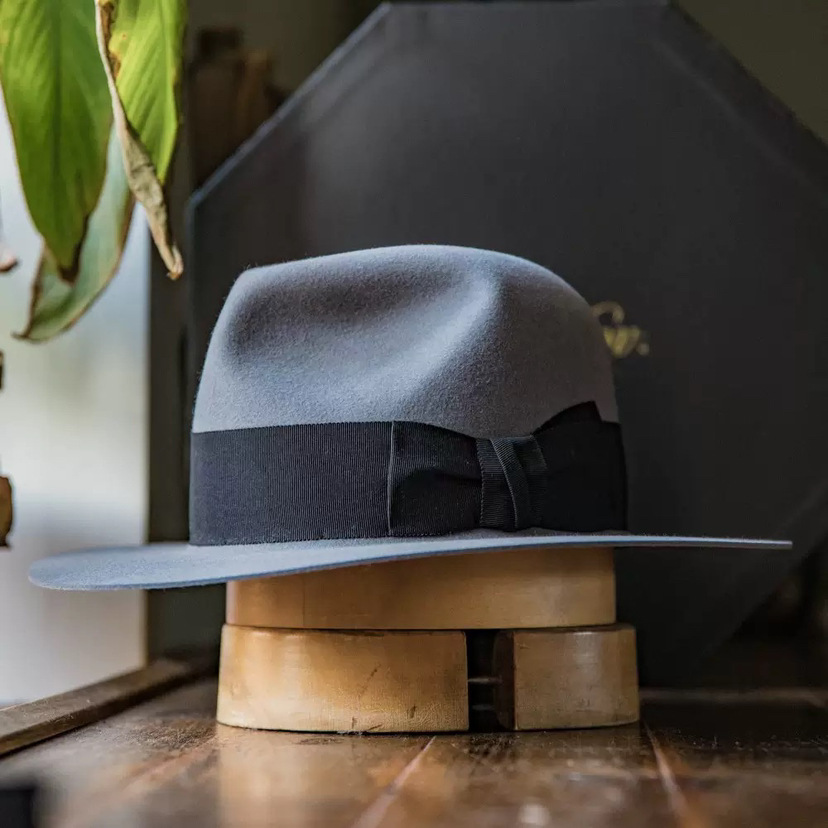 Wool Denim Hat With A Wide Brim And Bow