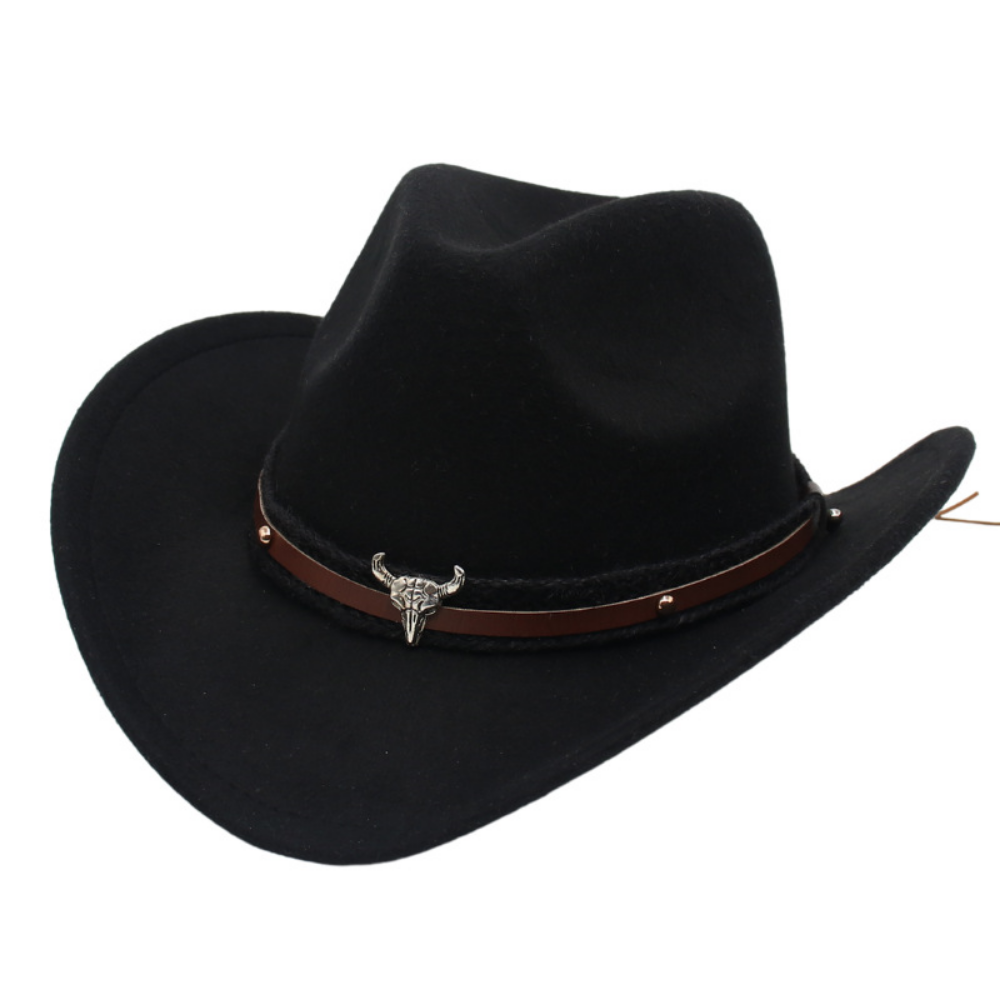 Retro American Western Cowboy Hat - Silver Bull Head Wide Brim Felt Hat Knitted Headband…