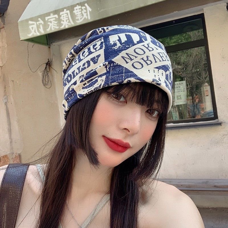 Vintage Newspaper Print Headscarf Face Framing Pleated Wrap For Women Retro Style Hair…