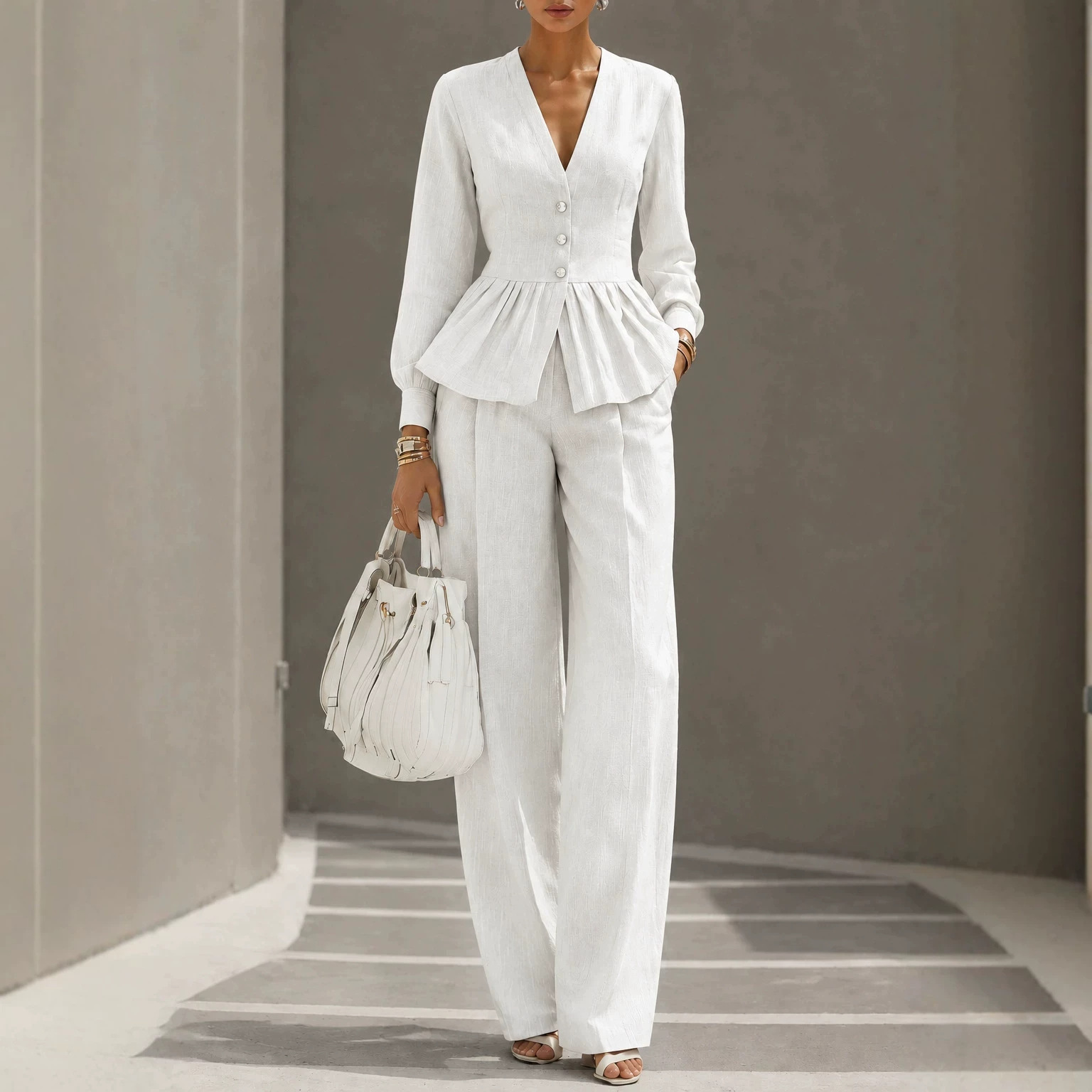 Long-sleeve V-neck Top And Wide-leg Pants Two-piece Set