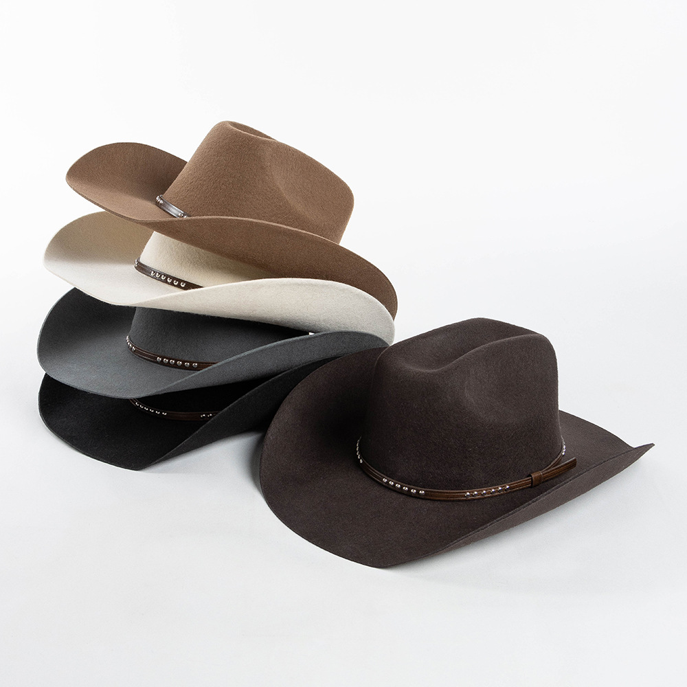 Wool Top Fashionable With Rivet And Belt Detailing Featuring A Curled Brimjazz-style Hat