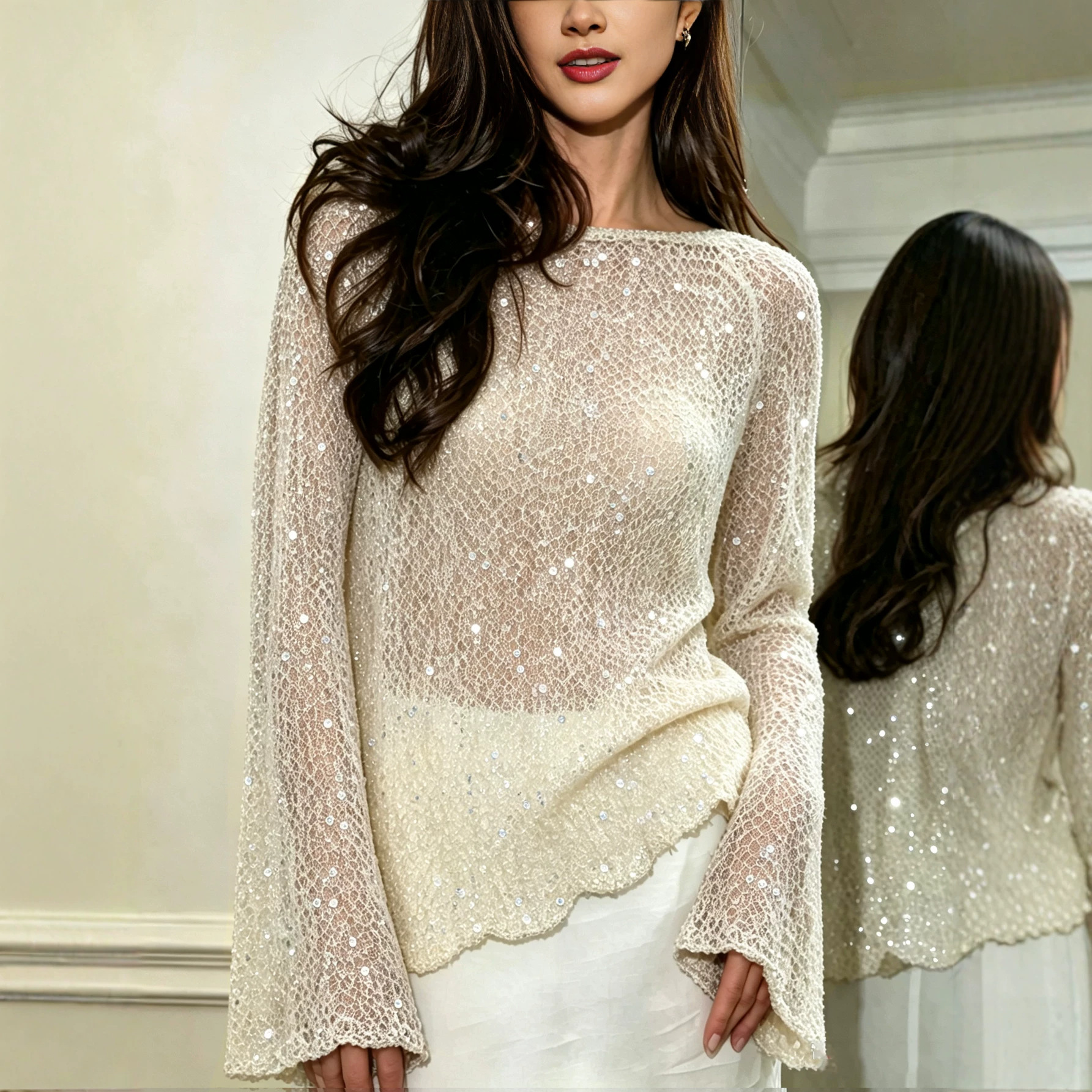 Womens Personality Sequin-decorated Knit Sweater Slim-fit Long-sleeve Top