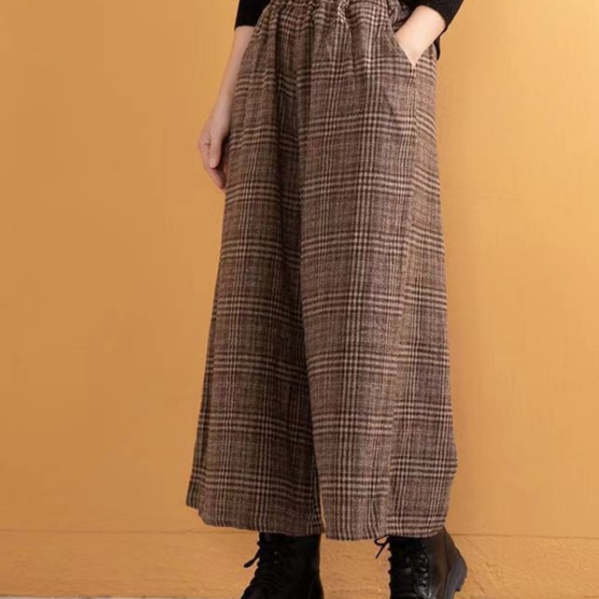 AutumnWinter Artistic Wool Plaid Wide-Leg Pants