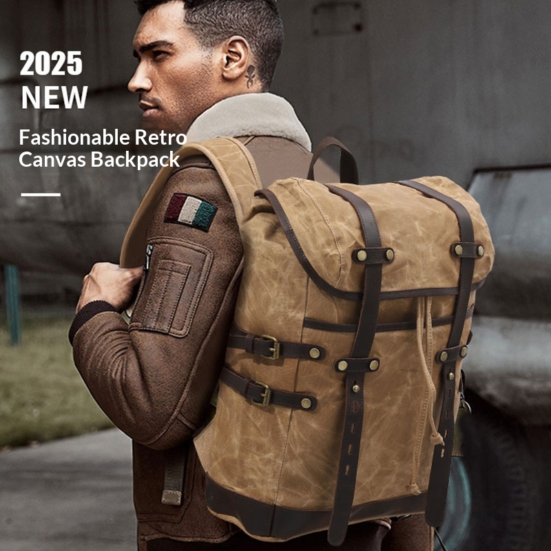 Leisure Travel Bag Water-resistant Canvas Bag With Top-layer Cowhide