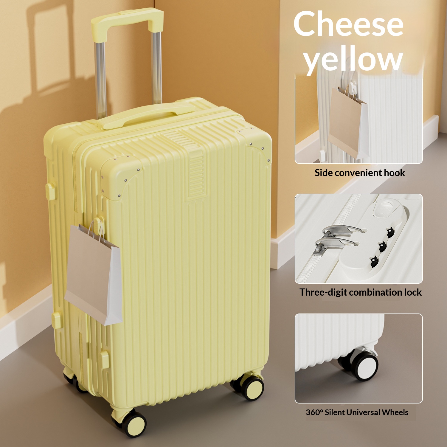 Cheese Yellow-Quiet Swivel Wheels Women's Lightweight Password Lock Durable Large…