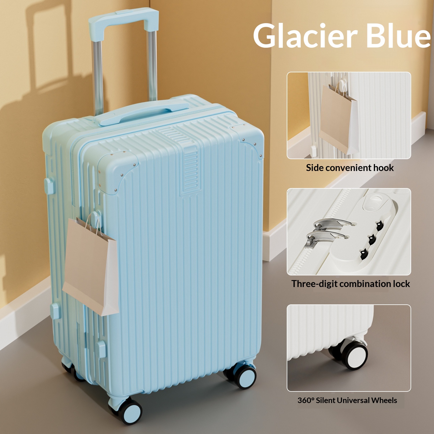 Glacier Blue-Quiet Swivel Wheels Women's Lightweight Password Lock Durable Large Capacity…