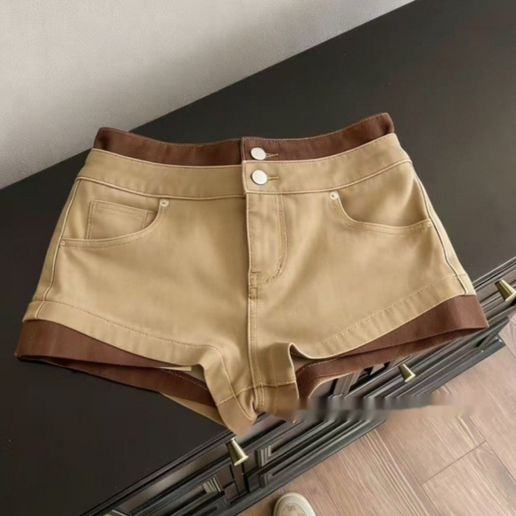 Stretchy Color-block Dual-waistband Versatile Casual Pants, Khaki Denim Shorts For Women