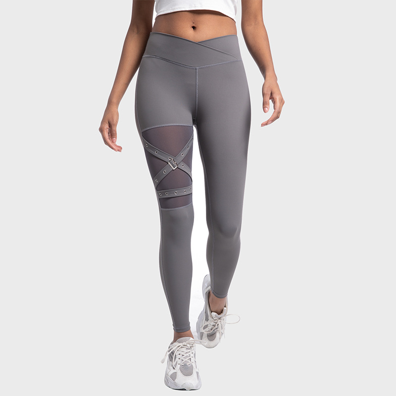 Women's Mesh Yoga Pants With A Crisscross Waist Design