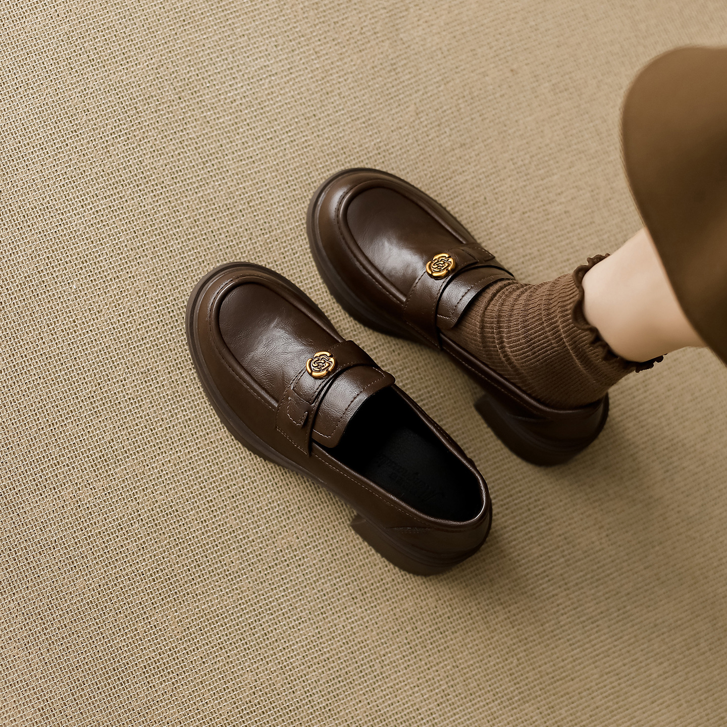 Chunky-heel Slip-on Leather Shoes With Thick Soles