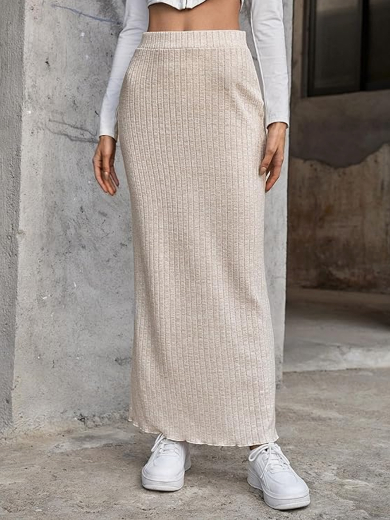European And American Autumn And Winter Gentle Vertical Stripe Knitted Elastic Waist…