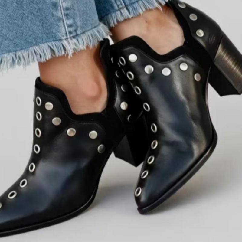 Pointed-toe Studded Chunky Heel Shoes For Women