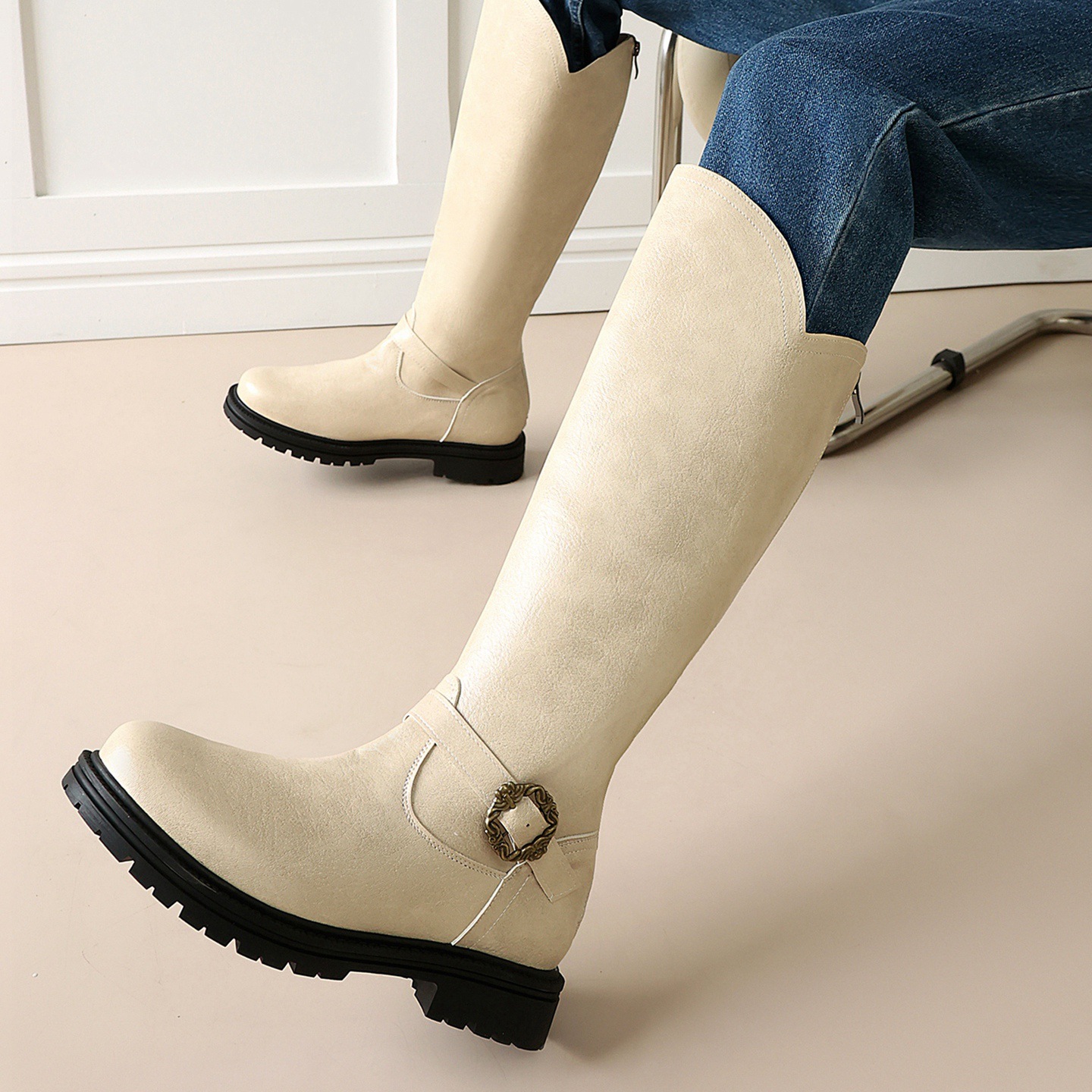 Women's High-heeled Boots With A Thick Sole And Belt Buckle