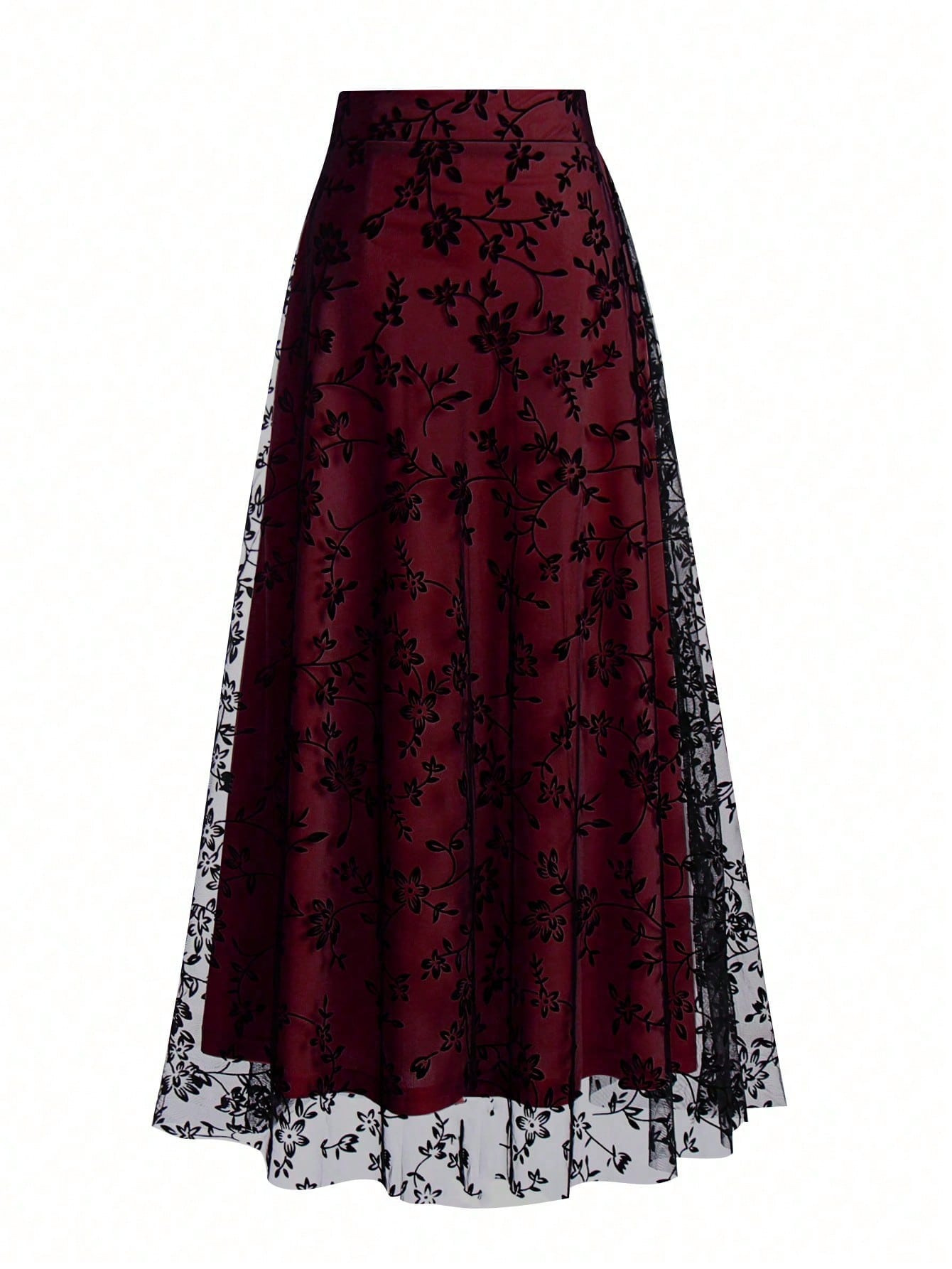 French Vintage Lace Skirt With Floral Mesh Splicing, High-waisted, Draped, Mid-length…