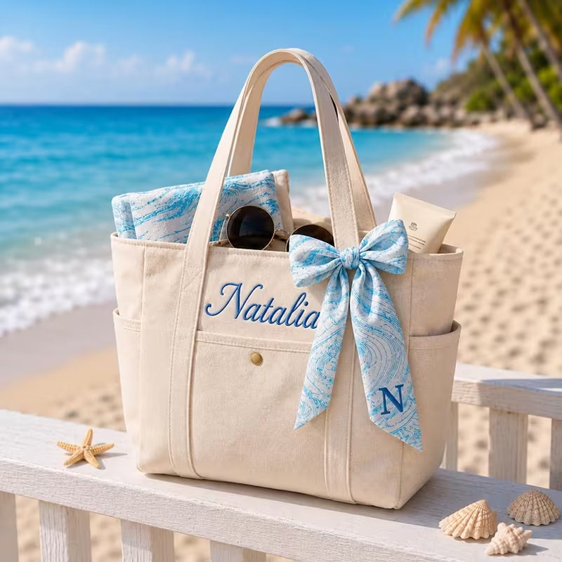 Personalized Embroidered Letter Tote Canvas Bag