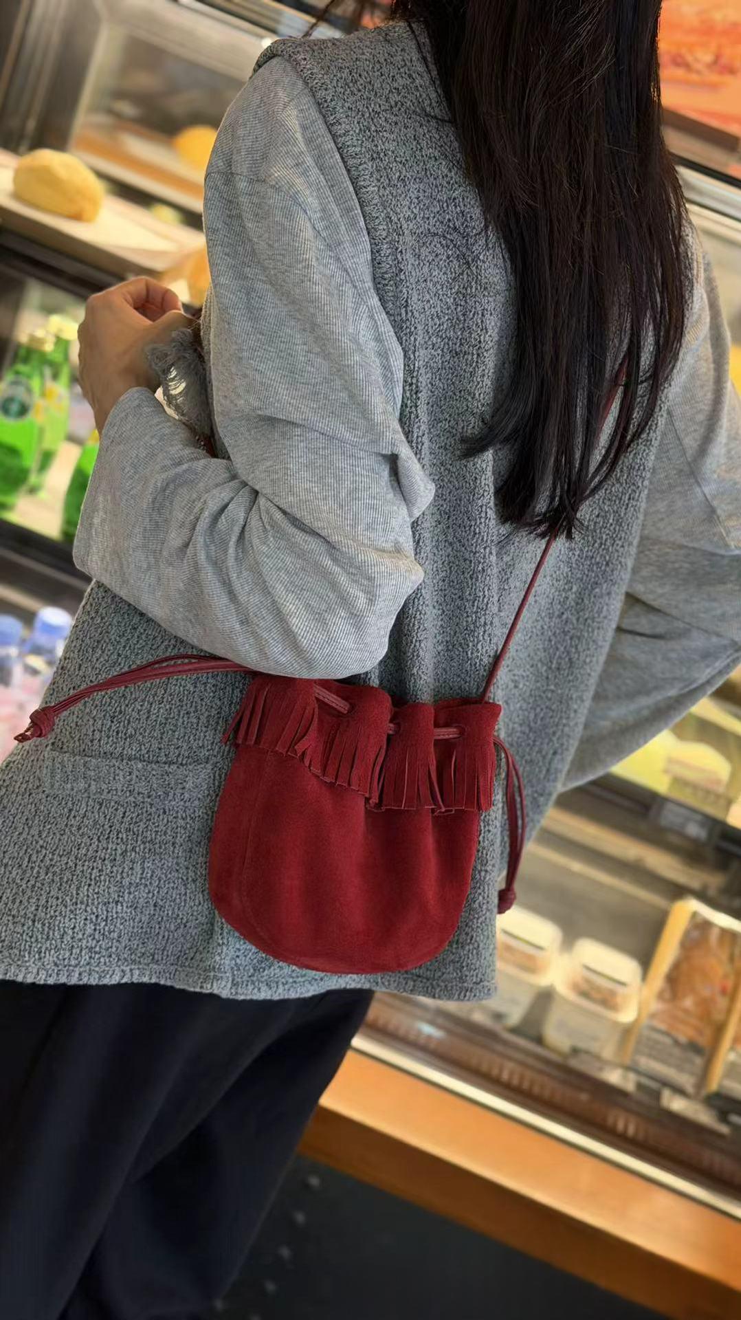 Tassel Bucket Bag, Genuine Leather Single Shoulder Diagonal Cross Bag, New Drawstring…