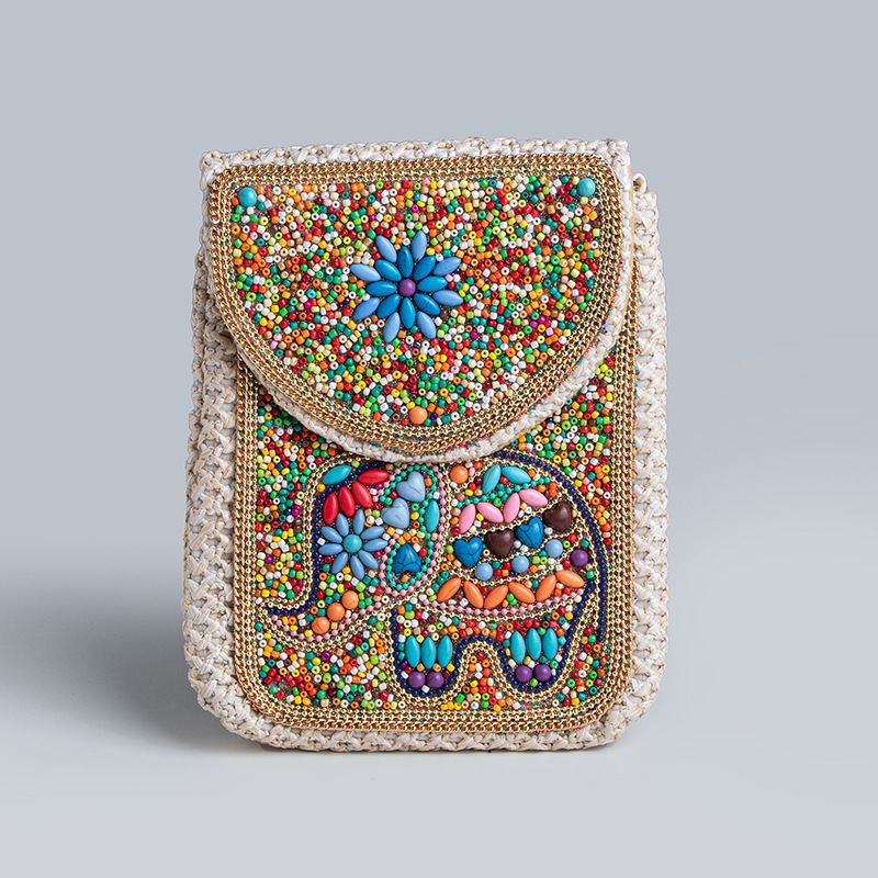 Bohemian-style Bag With Rice Beads And Turquoise, Straw-woven Small Bag, Portable Holiday…