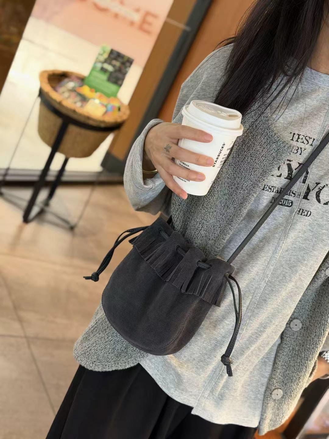 Tassel Bucket Bag, Genuine Leather Single Shoulder Diagonal Cross Bag, New Drawstring…