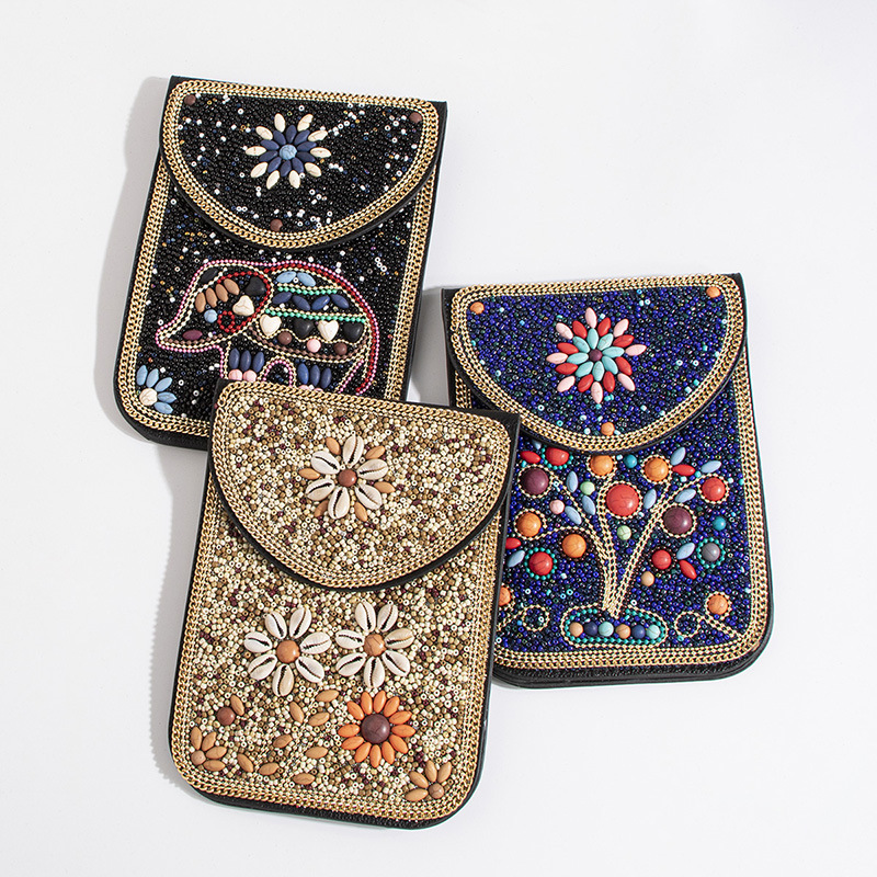 Heavy Industry Bohemian Style Rice Beads Shell Flowers Exquisite PU Travel Shoulder…