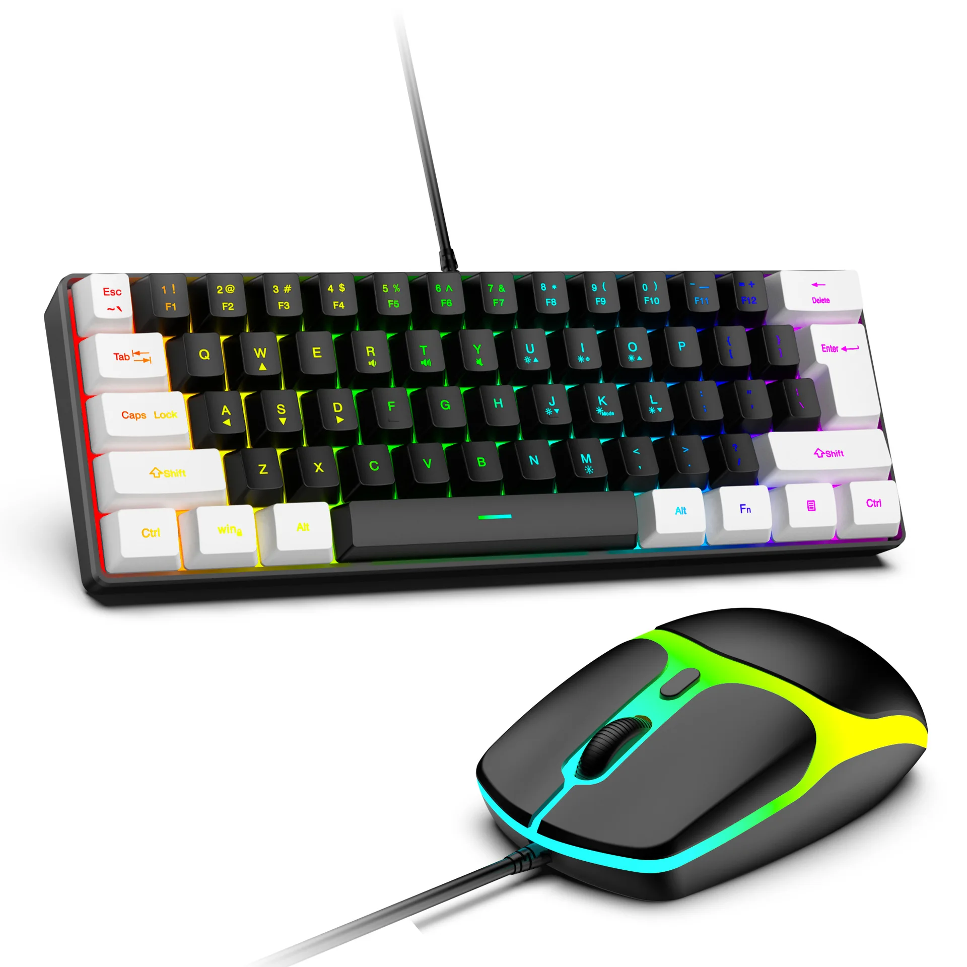 61 Keys RGB Gaming Wired Keyboard Mouse Set Colorful Mini Compact Black White Computer…