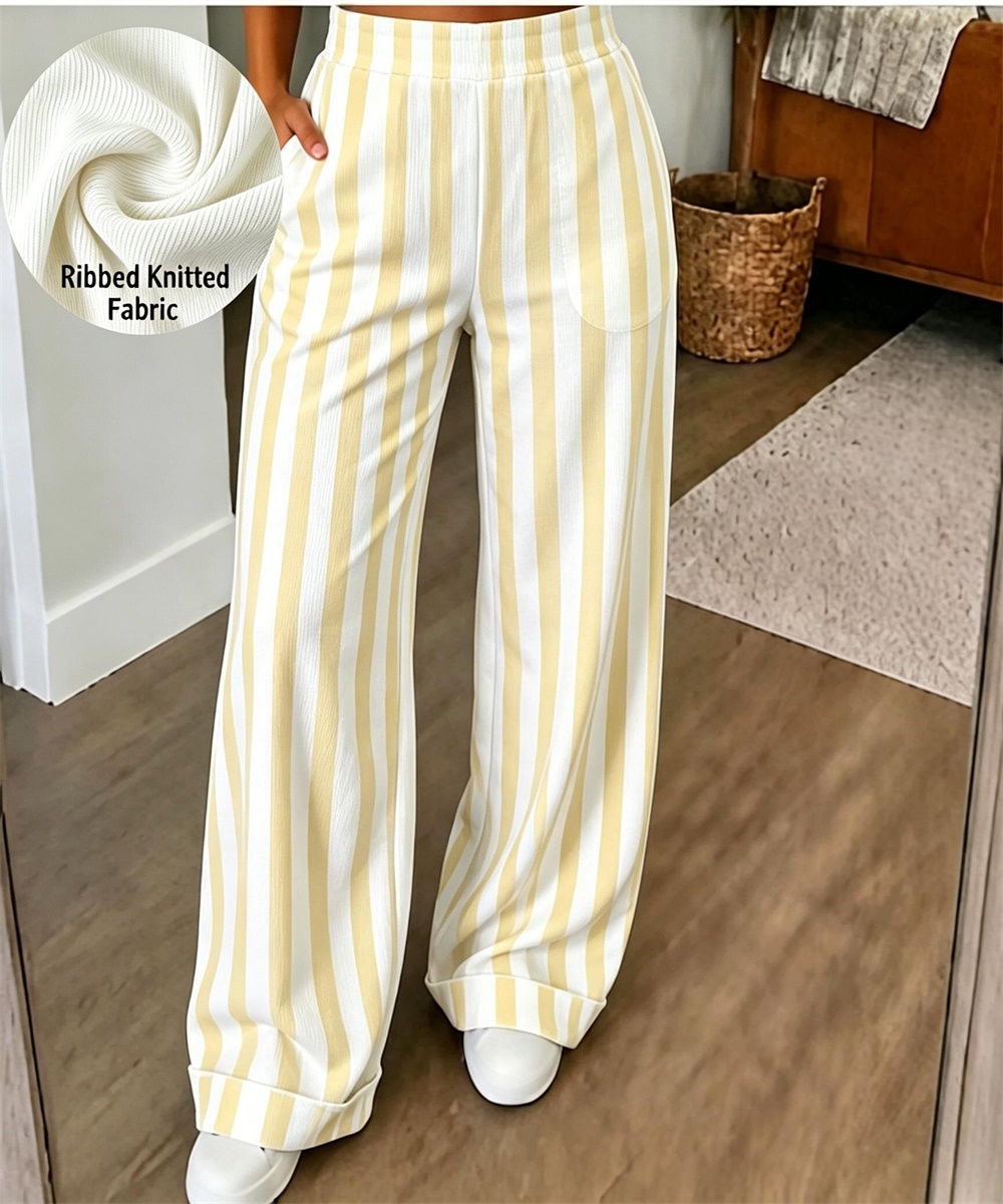 Women's Light Blue White Vertical Stripe Ribbed Knit Wide Leg Pants, Elastic High Waist…