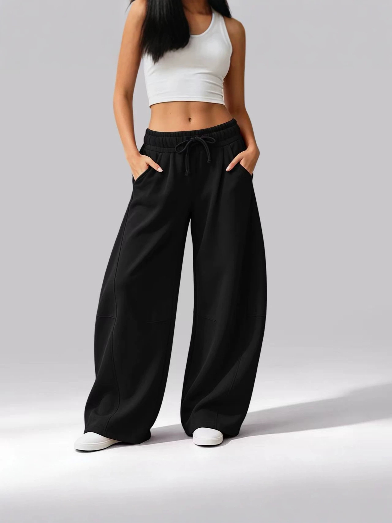 Women's Solid Color Casual Pocket Wide-Leg Pants, Fleece-Lined Drawstring Sweatpants