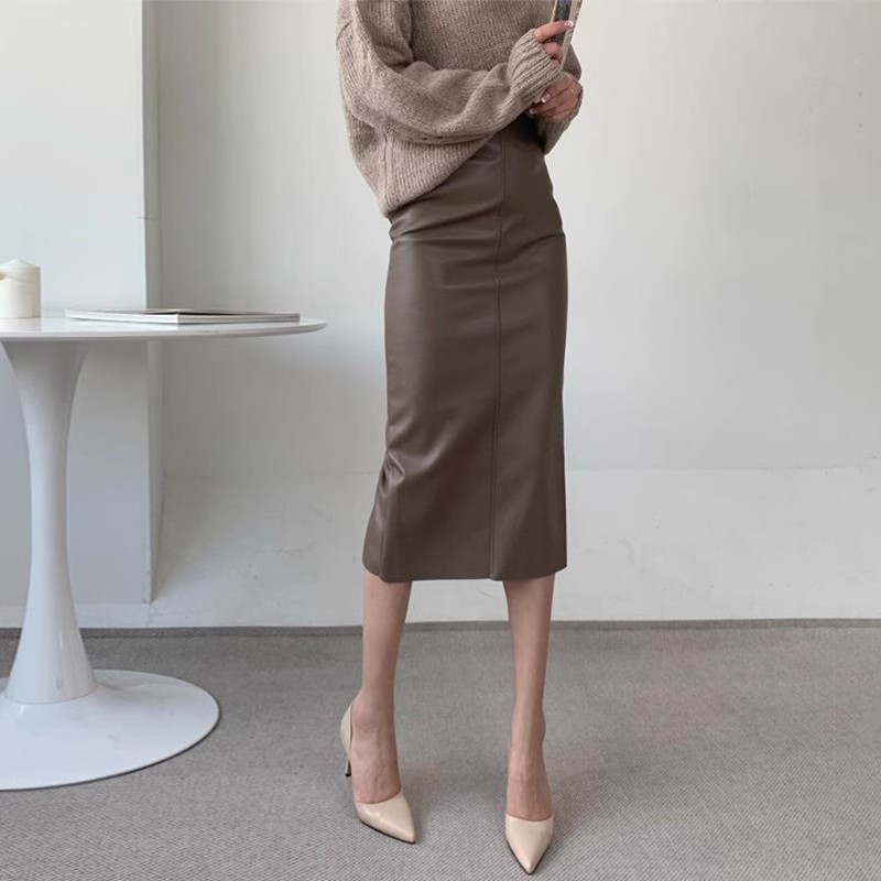 High Waist Straight Back Slit Midi Skirt Drape One-step Hip Skirt