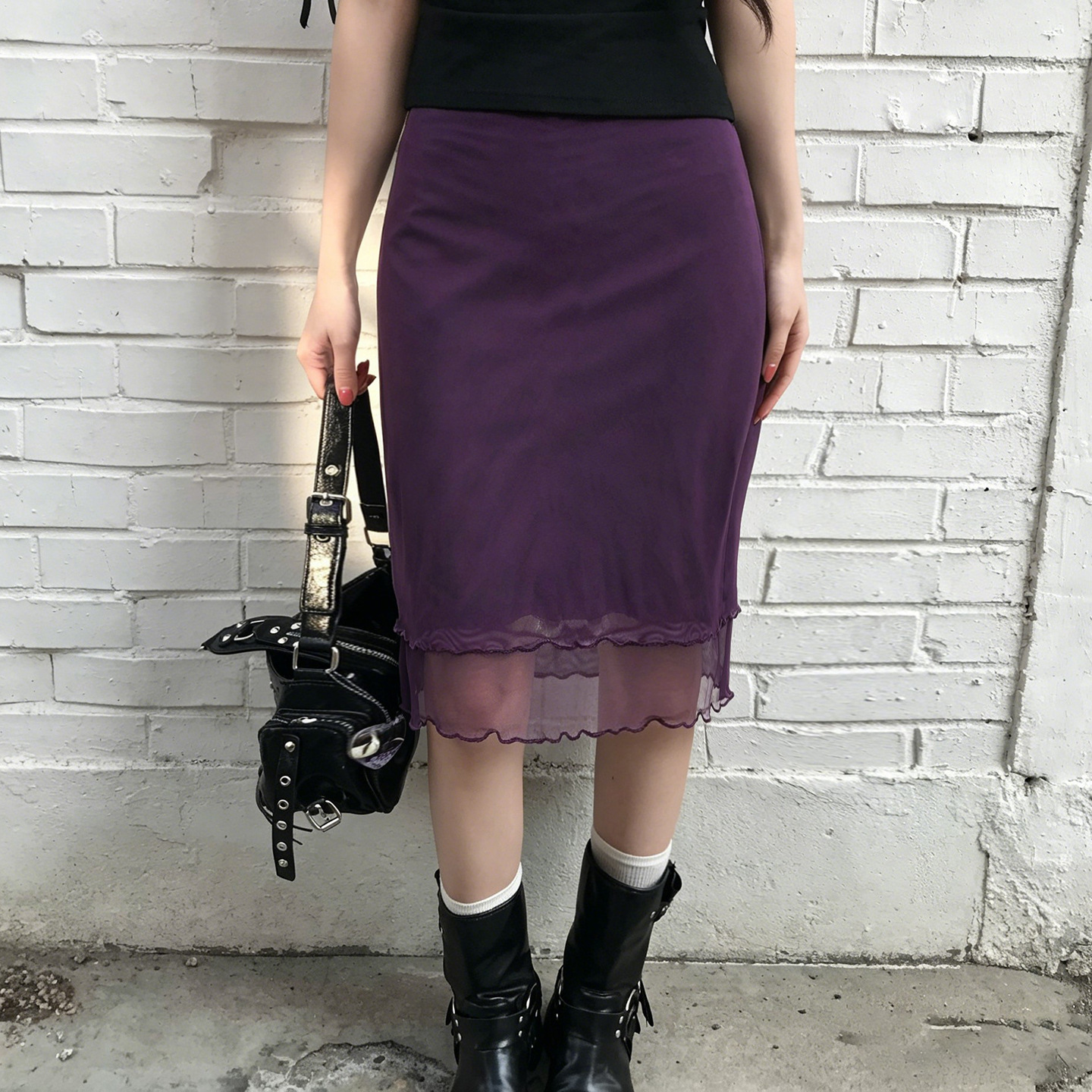 Vintage Purple Mesh-Patchwork Low-Waist Skirt For Women