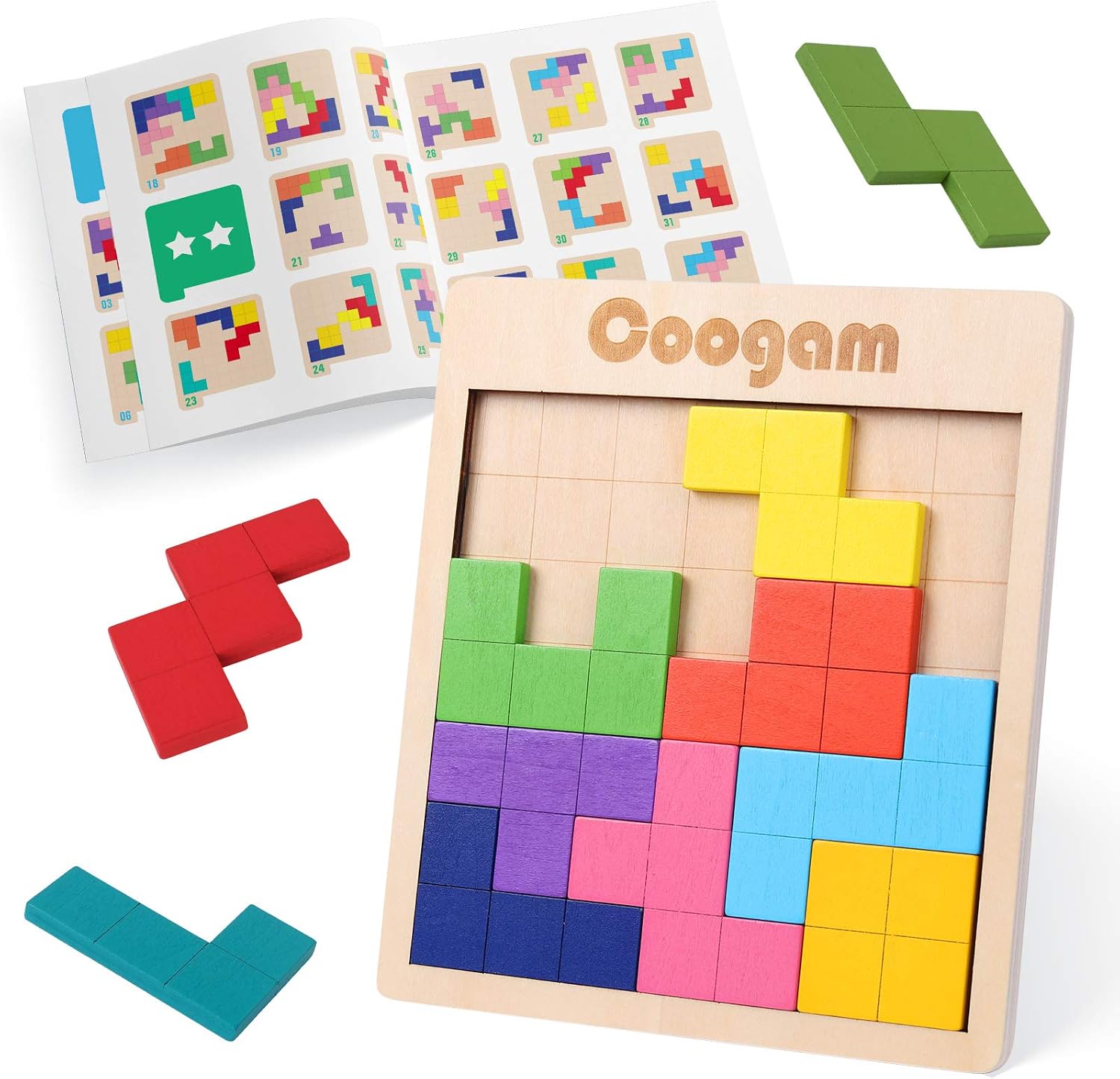 Wooden Pattern Blocks Puzzle With 60 Challenges, 3D Tangram Brain Teaser Game For Kids…