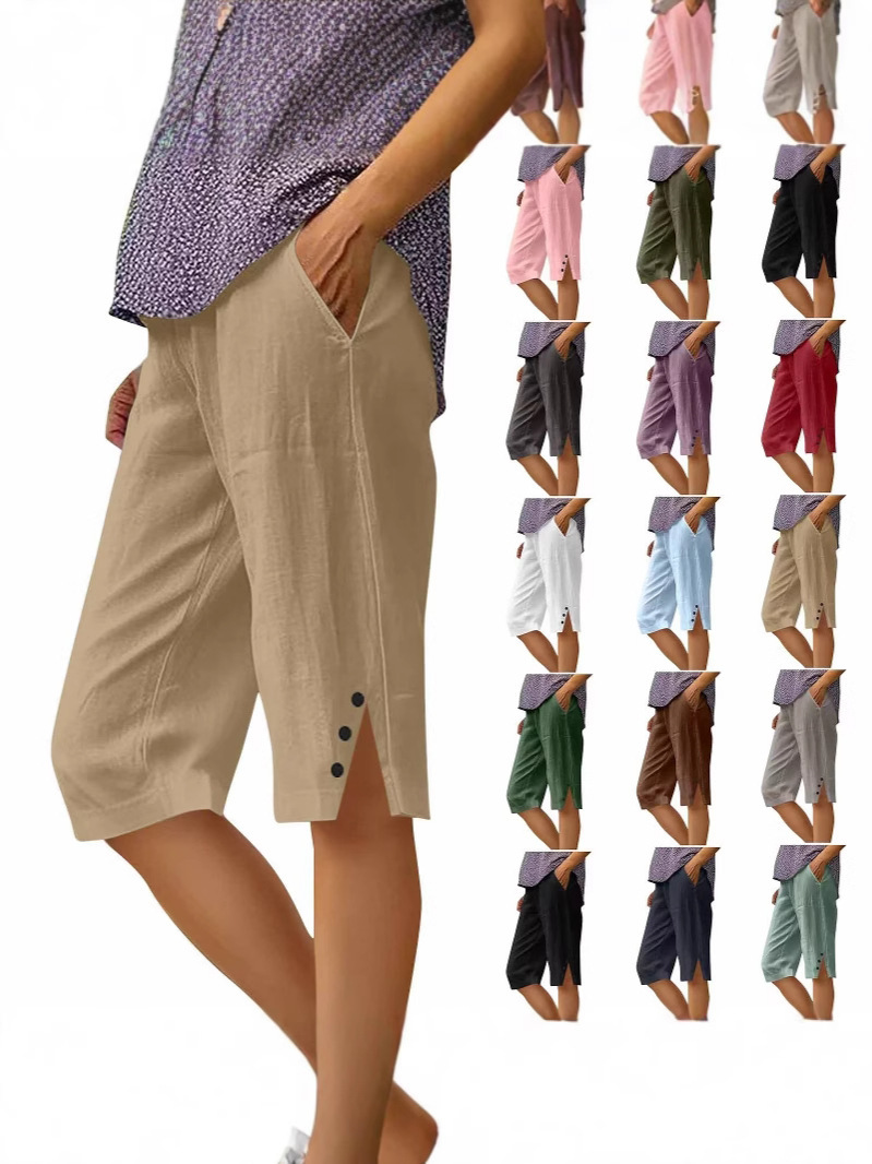 European And American New Women's Casual Loose Pocket Cotton And Linen Elastic Casual…
