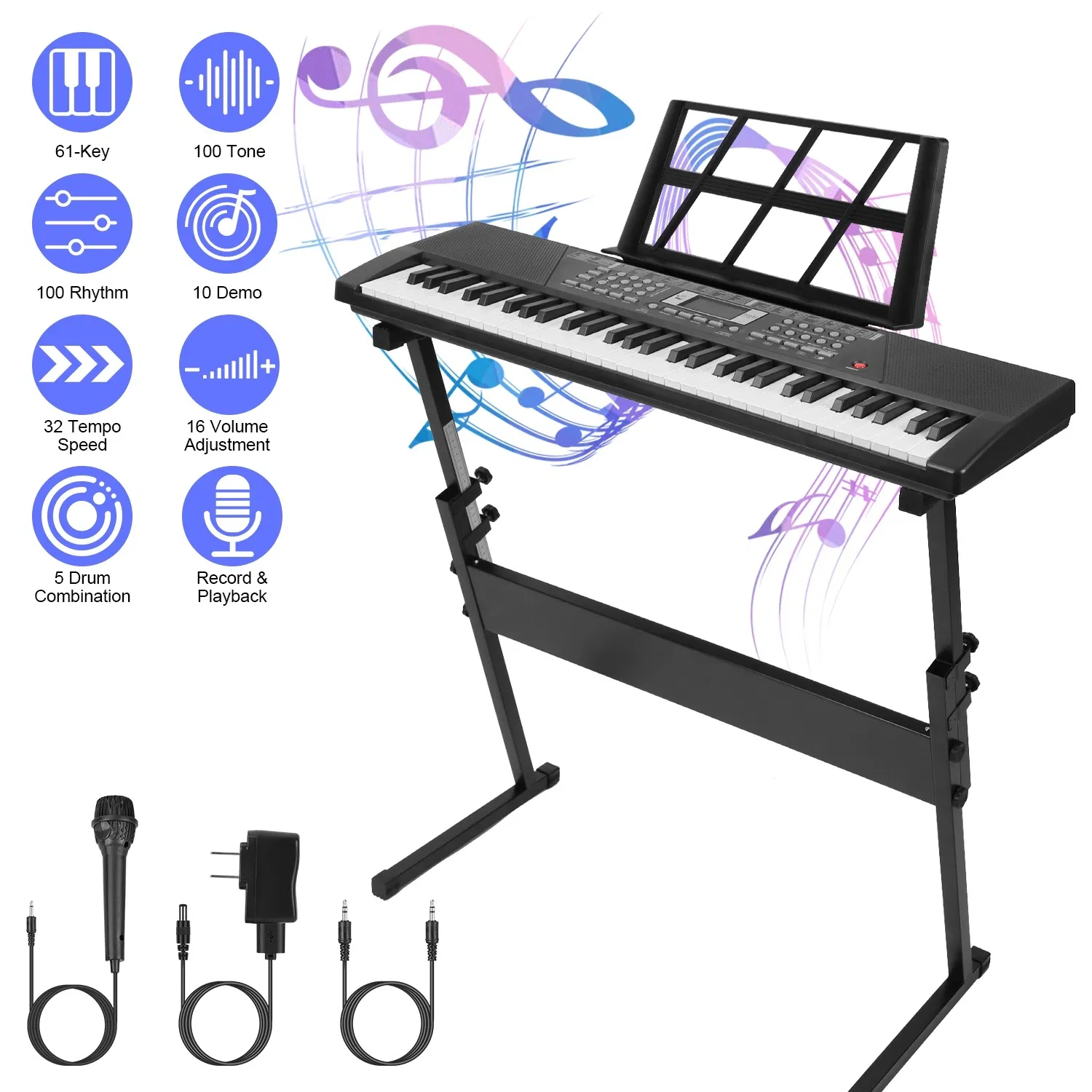 61-Key Multifunctional Piano Toy, 100 Tones & Rhythms with Microphone, Recording Function…
