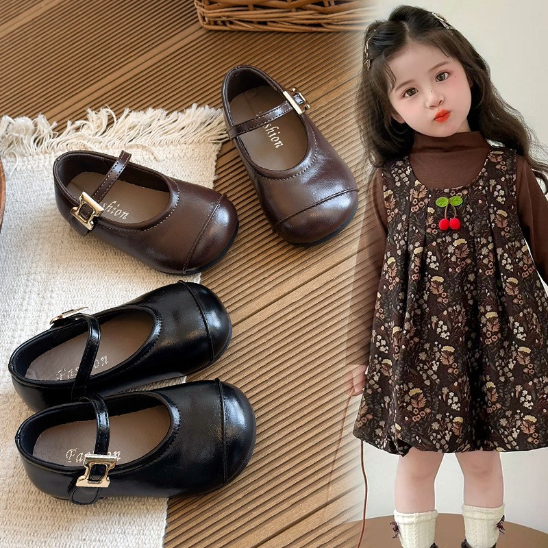 Spring New Girls Leather Shoes, Black Korean Style Soft Sole Baby Flats, Retro Princess…