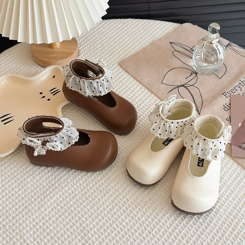 Spring New Kids Princess Shoes, Lace Ruffle Pearl Decor Flats, Elegant Fashion Casual…