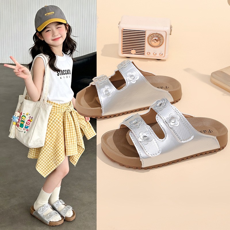 Girls Floral Rhinestone Slide Slippers, Adjustable Strap Soft Sole Non-slip Kids…