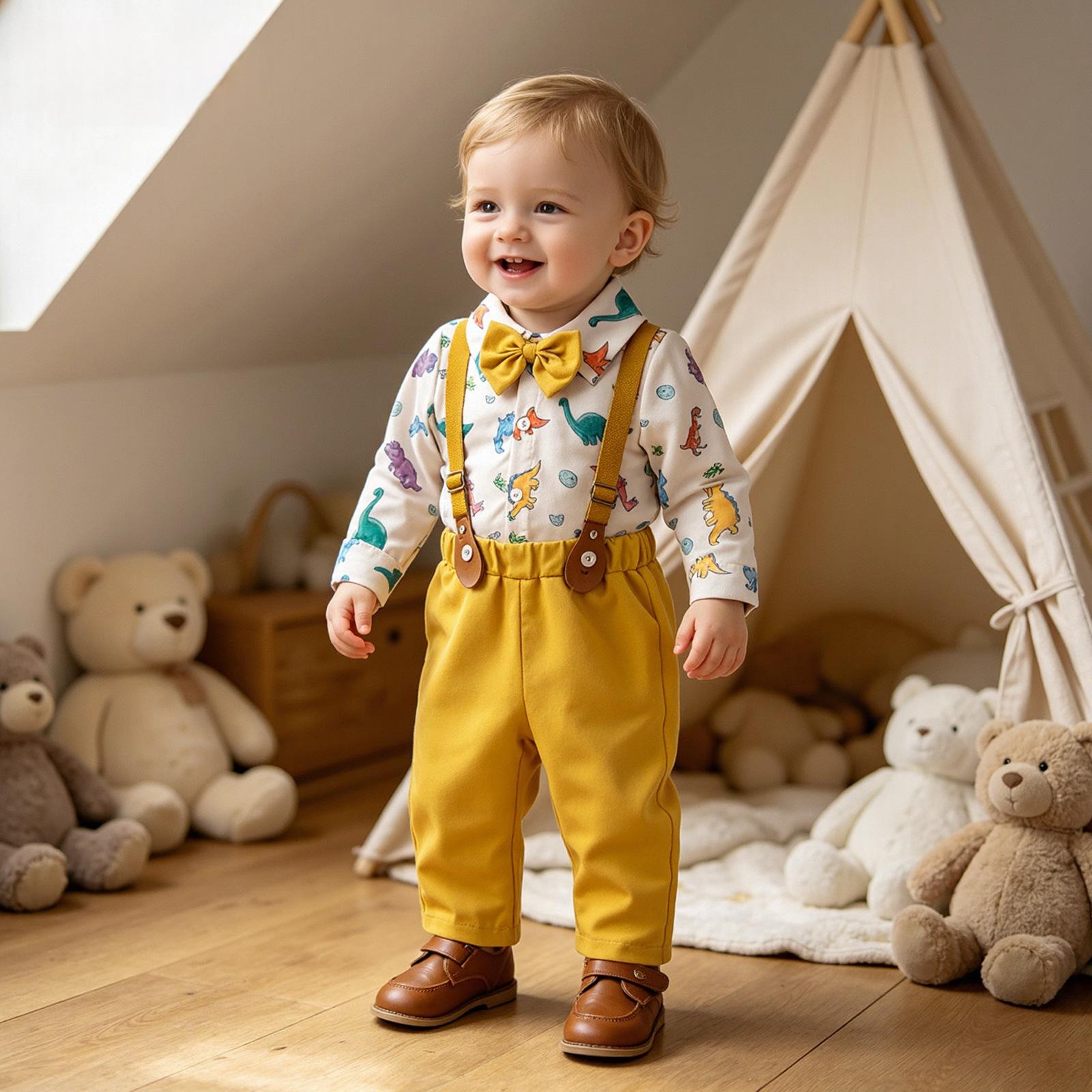 Gentlemans Outfit For Boys Dinosaur-print Shirt With Yellow Suspender Trousers And Bow Tie