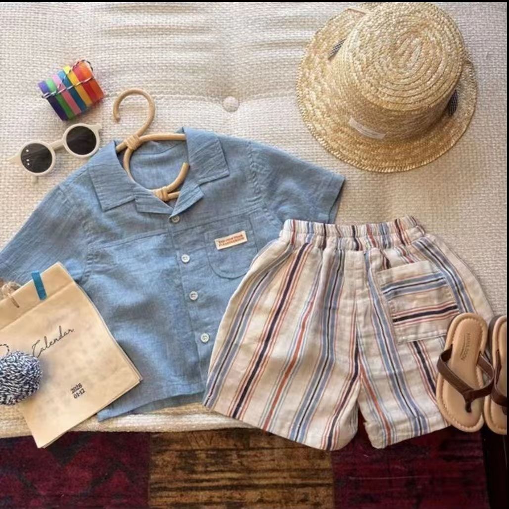 Boy's Cotton-linen Short-sleeve Shirt And Vertical-striped Shorts Two-piece Set