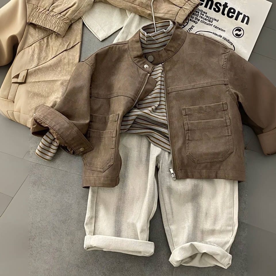 Boys' Motorcycle-style Jacket Top And Pants Three-piece Set