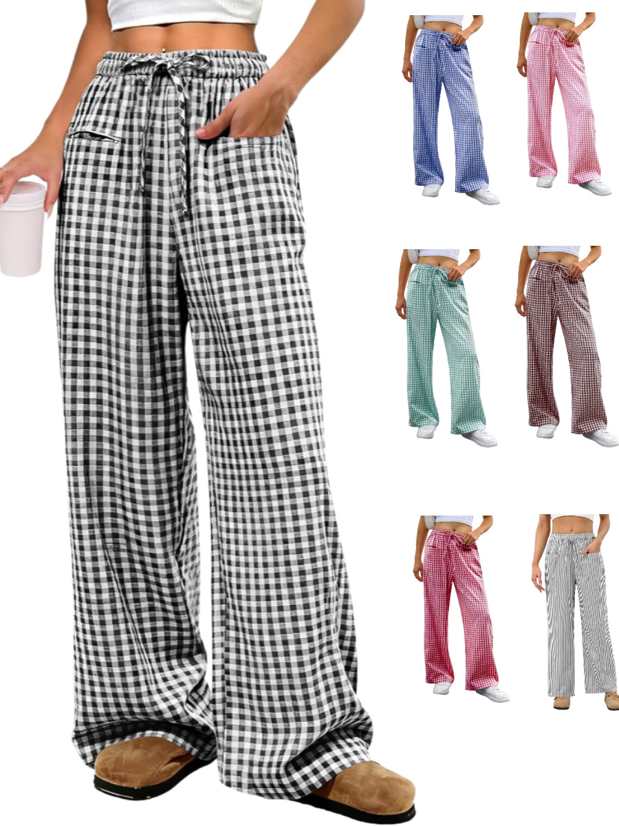 European And American Spring And Summer New Women's High-Waisted Wide-Leg Plaid…