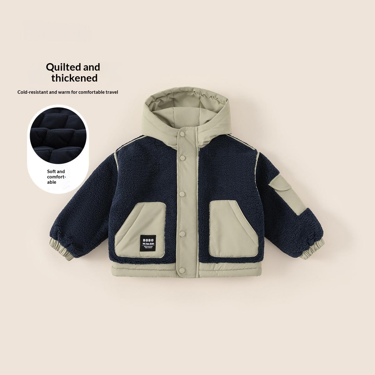Boys Cotton-padded Coat With Color-block Design And A Plush Hood