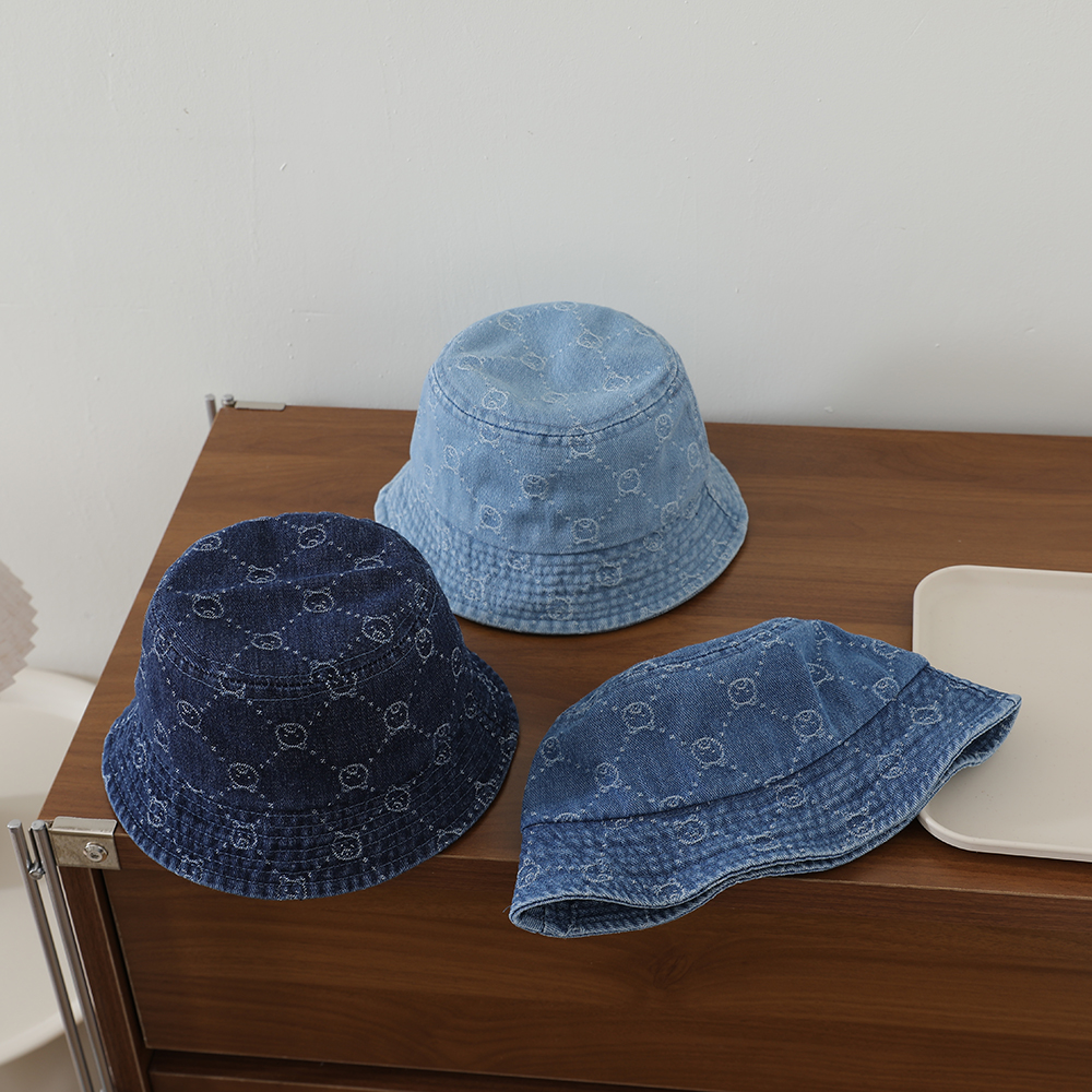Retro Washed Baby Denim Fisherman Hat With Full Pattern Of Diamond-shaped Jacquard And A…