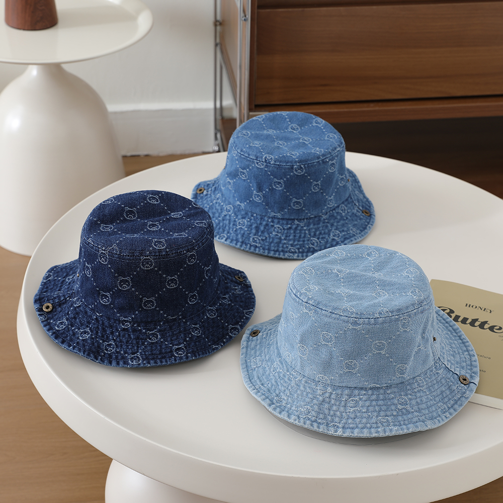 Washed Denim Jacquard Little Bear Fisherman Hat With Wide Brim And Rolled Edge Bucket Hat…